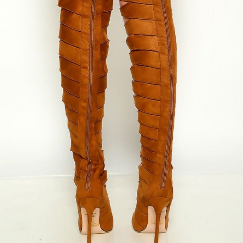 Tan Suede Lace Up Thigh High Boots Faux Suede - Picture 2 of 7